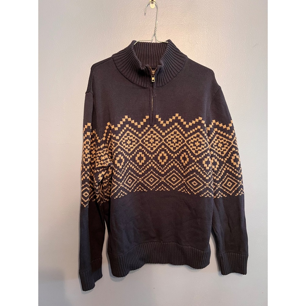 Eddie Bauer Men's Navy Blue With Tan Fair Isle Pattern Quarter Zip Sweater Sz LG